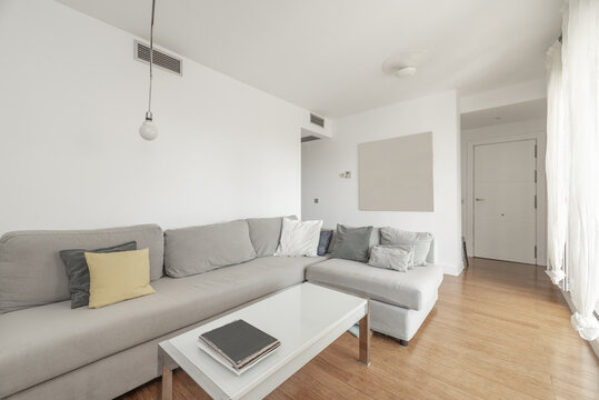 Sparsely furnished apartment with gray fabric corner sofas and plain white painted walls