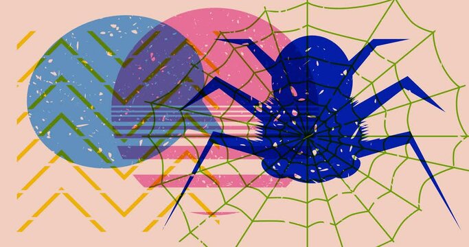 Spider Halloween risograph style video with speech bubble and geometric shapes. Moving object in trendy riso graph design animation.