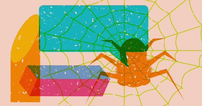 Spider Halloween risograph style video with speech bubble and geometric shapes. Moving object in trendy riso graph design animation.