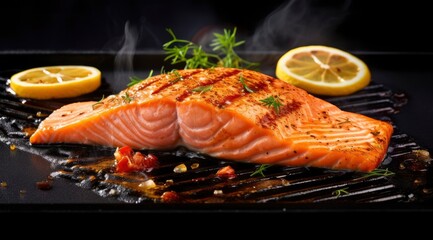 Gourmet cutlet of fresh salmon seasoned with herbs, spices, and lemon zest grilling on a griddle.