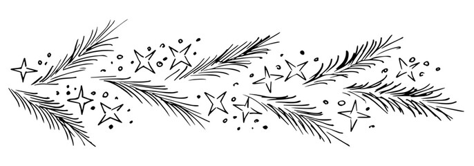 Hand drawn simple vector illustration with black outline. Pine, fir branch, stars and snow. Long garland, banner. For festive New Year, Christmas design, cards, labels. ink sketch.