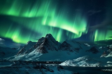 Green sky over dark snowy mountain landscape with northern polar lights - Aurora Borealis. Generative AI
