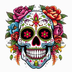 Mexican roses skull. Mexican roses skull. Dia de los muertos shugar colorful head.