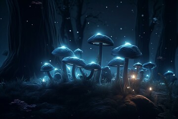 Magical night forest with glowing mushrooms and floating particles. Created with advanced techniques. Generative AI