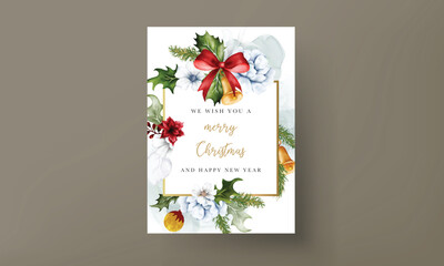 Christmas and new year card with watercolor Christmas flower and leaves