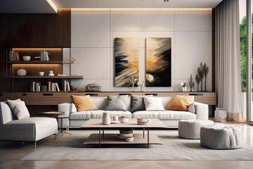 Modern living room with sofa and furniture.