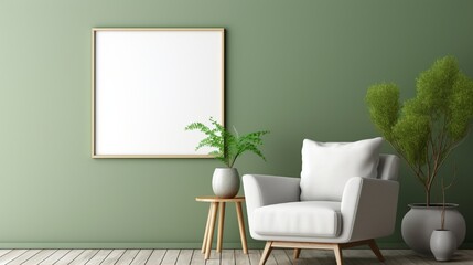 Elegant living room interior design with mockup poster frame, modern frotte armchair, wooden commode and stylish accessories. Green eucalyptus wall. Template. Copy space.