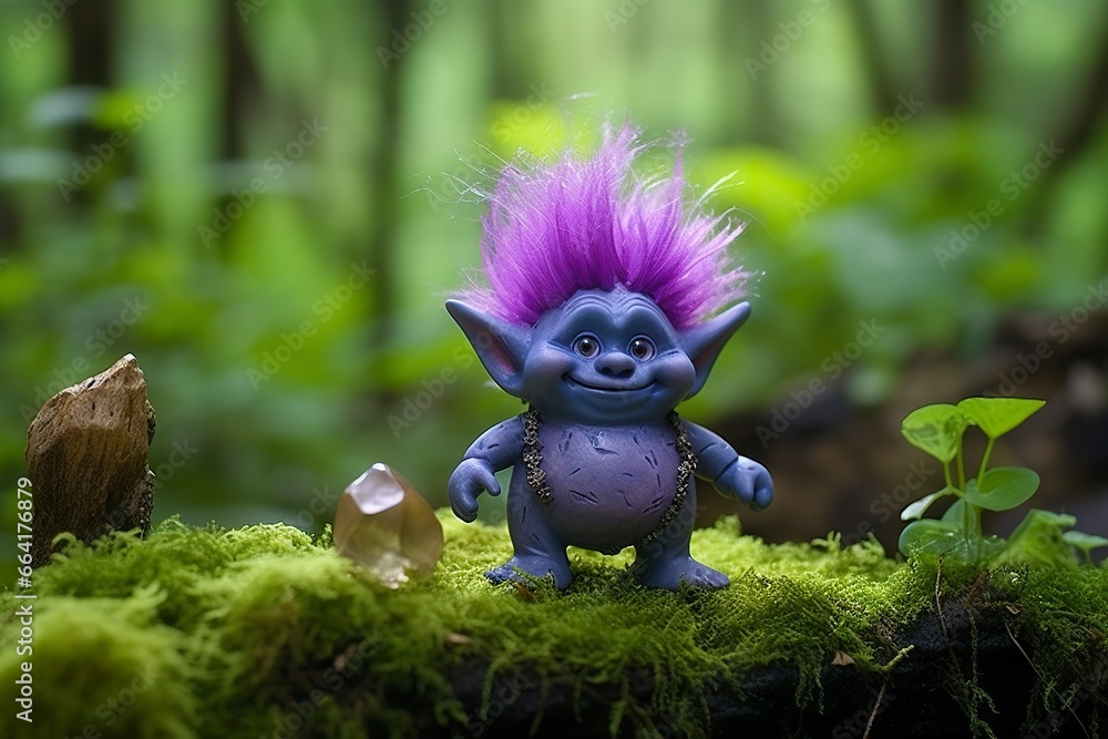 Wall mural Tale troll with crystals in the forest, natural green background.