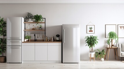 Fridge placed near kitchen counter with white cabinets and modern appliances near living room in...