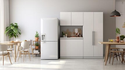 Fridge placed near kitchen counter with white cabinets and modern appliances near living room in stylish apartment with decorative frame and potted plants an - obrazy, fototapety, plakaty