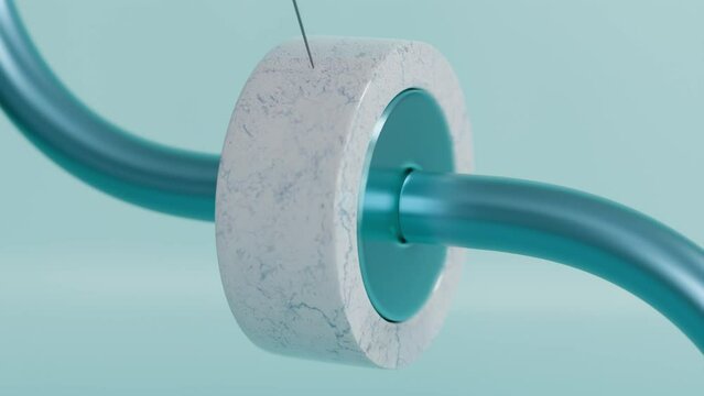 A blue tube and a ring on a string in a satisfying 3d animation