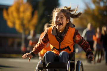 The wheelchair-bound schoolgirl enthusiastically cheers for her school's sports team, her face beaming with joy.