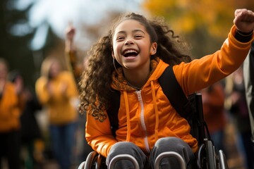 A schoolgirl in a wheelchair, wearing an orange jacket, is happy and laughing on the street while supporting someone with a raised hand. - obrazy, fototapety, plakaty