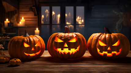 Fototapeta premium Halloween Carved Pumpkins on wooden table. Holiday background