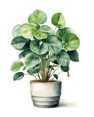 Watercolor potted houseplant isolated on white background.