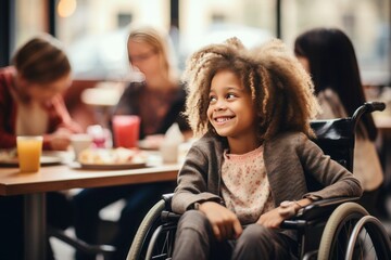 A girl in a wheelchair sits in a school cafeteria with her friends, happily engaging in conversation. - obrazy, fototapety, plakaty