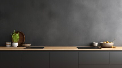 Front view on dark kitchen interior with empty grey wall, panoramic window, sink, gas cooker, crockery, oak wooden floor. Concept of minimalist design. Space for creative idea. Mock up. 3d rendering
