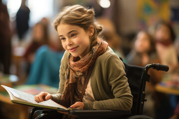  dreamy schoolgirl with wavy hair smiles happily while looking at someone. She is sitting in a wheelchair in a school environment.