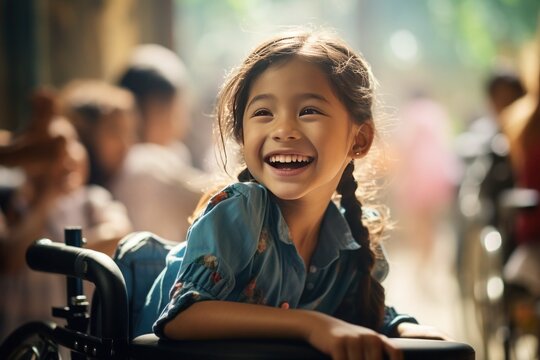 happy schoolgirl sits in a wheelchair at school and is learning.