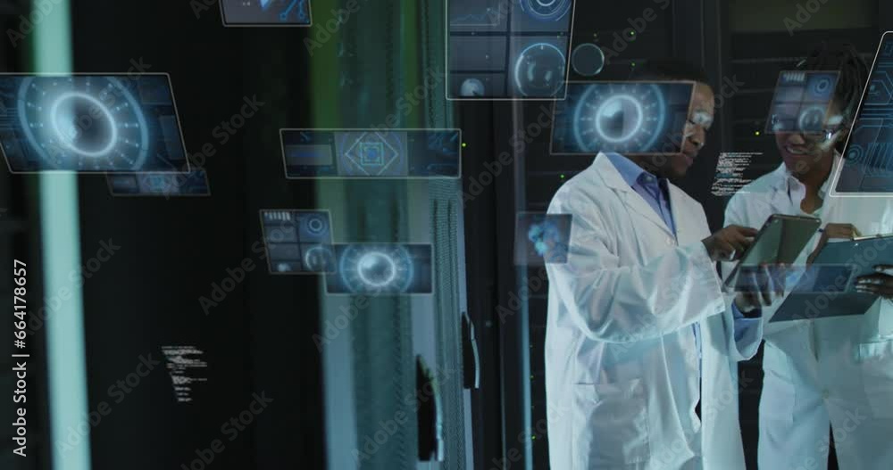 Poster animation of data processing over diverse it technicians by computer servers