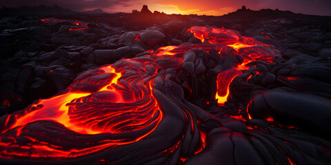 glowing lava flow landscape sunset background