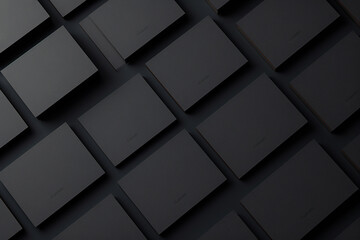 The stack of simple and luxury black paper business cards isolated in a dark black background. Generative AI.