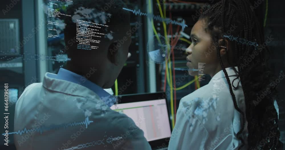 Poster animation of data processing over diverse it technicians by computer servers