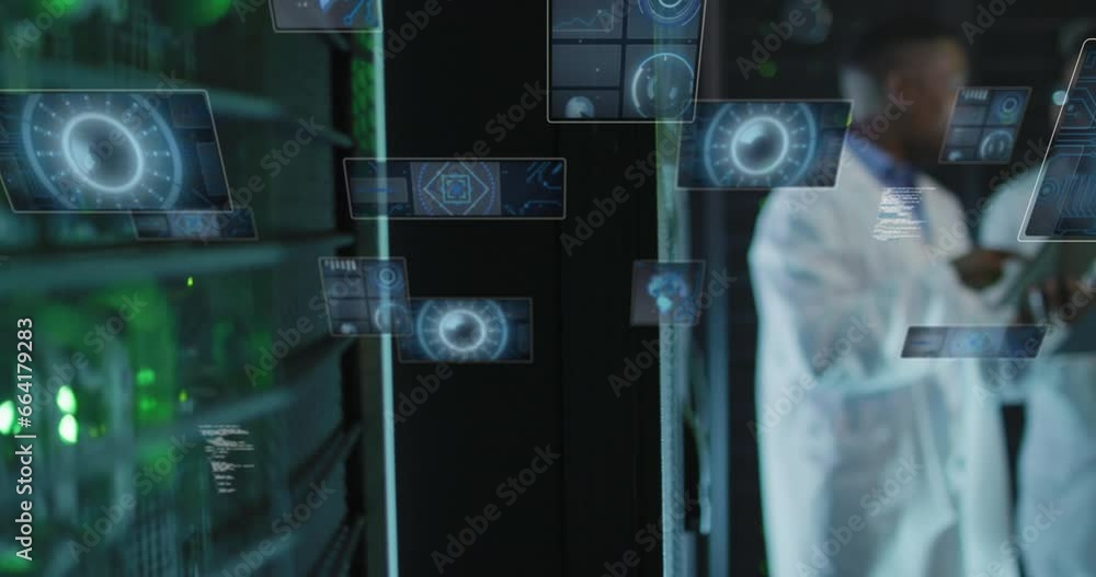 Poster animation of data processing over diverse it technicians by computer servers