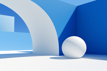 The abstract architecture design of blue an white unrealistic walls and buildings on a blue sky background. Modern heaven paradise. Generative AI.