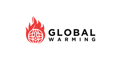 global warming logo design, globe design template with thermometer and fire.