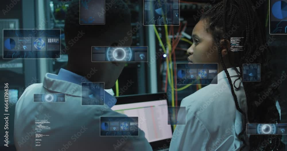 Poster animation of data processing over diverse it technicians by computer servers