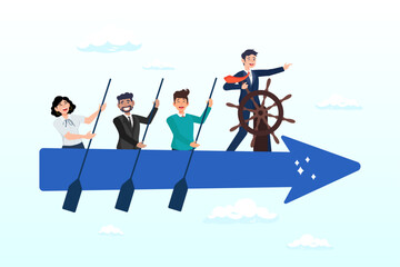 Businessman manager lead people teamwork sailing arrow, leadership to lead team to the right direction, employee teamwork to help success, manager to motivate team or company to move forward (Vector)