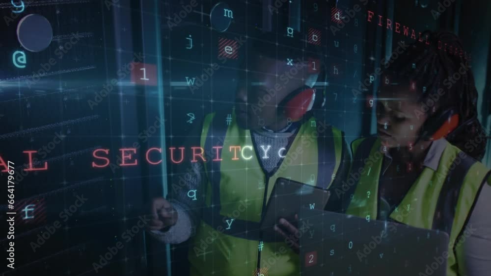 Poster animation of data processing over diverse it people using laptop by computer servers