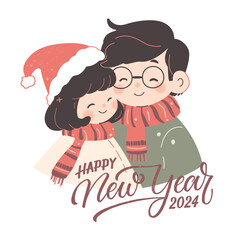 Cute hand drawn style vector illustration of couple celebrate Chtistmas and New Year in winter clothes. Merry Christmas and Happy New Year 2024 greeting card. Boyfriend, girlfriend in Santa hat, scarf
