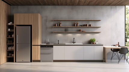 Interior of modern kitchen with white and wooden walls, concrete floor, white cabinets with built in sink and cooker and big fridge. 3d rendering