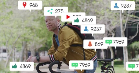 Animation of social media data processing over albino man in city - Powered by Adobe