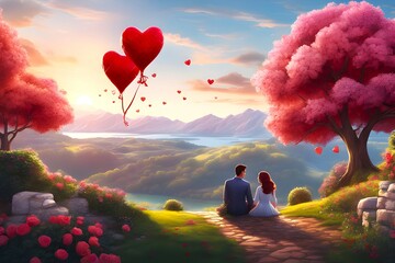 A cartoon illustration design of a Valentine's Day couple sitting and enjoying a beautiful landscape view with some heart shaped balloons. It is representing the concept of Valentine's Day - obrazy, fototapety, plakaty