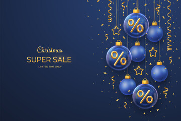 Christmas sale banner design. Golden 3D Percentage symbol in a transparent glass ball. Blue background with hanging gold stars, balls, falling confetti. Advertising poster, flyer. Vector illustration.