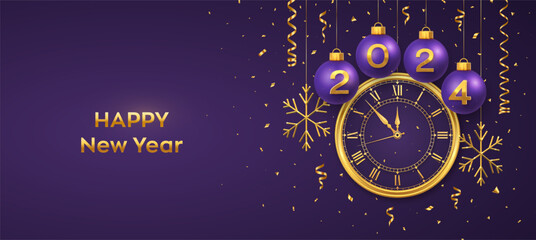 Happy New Year 2024. Hanging purple Christmas bauble balls with realistic gold 3d numbers 2024 and snowflakes. Watch with Roman numeral and countdown midnight eve for New Year. Merry Christmas. Vector - obrazy, fototapety, plakaty