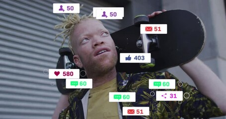 Animation of social media data processing over albino man with skateboard in city - Powered by Adobe