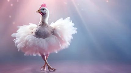 Foto auf Alu-Dibond A chicken in a ballet tutu,  gracefully dancing in a ballet performance © basketman23
