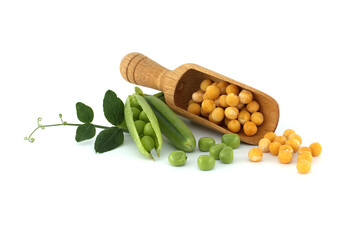 Dried peas, fresh green peas pea pods on white