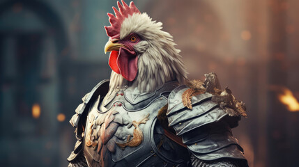 A chicken in medieval knights armor,  defending honor with valor
