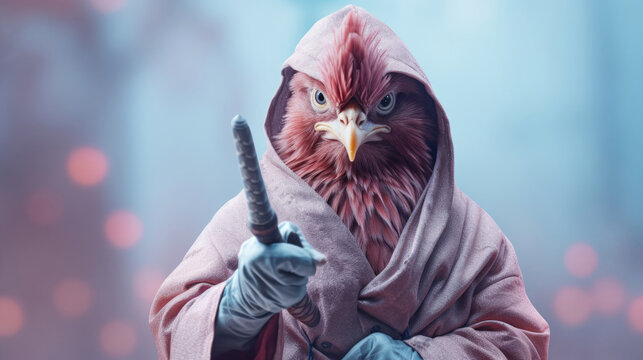 A chicken in a ninja costume,  mastering the ancient ninja arts