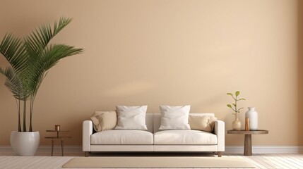 Interior wall mockup with soft minimalist living room in warm beige neutrals with curved low sofa, and palm leaf in vase. Illustration, 3d rendering.
