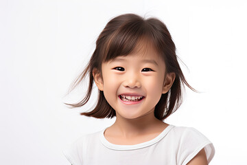 cute child model with perfect clean teeth laughing and smiling. isolated on white background