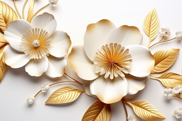 3d gold flowers white backgroung.
