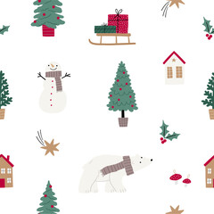 Cute cartoon Christmas bears - Vector illustration with chracter bear in flat style. Holidays print. Winter seamless pattern with trees, bears, baby bear