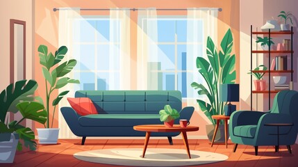 Living room interior. Comfortable sofa, TV, window, chair and house plants. Vector flat illustration