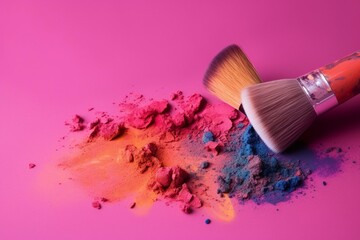 Big brush & eyeshadow on pink background with colorful powders. Generative AI - obrazy, fototapety, plakaty